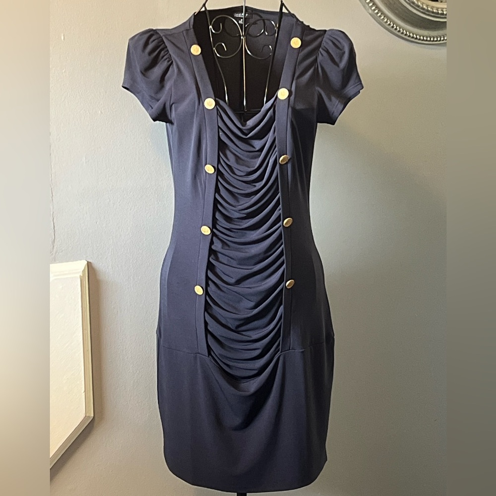 Allen B. By Allen Schwartz Navy Blue Ruched Gold Embellished Nautical Mini Dress